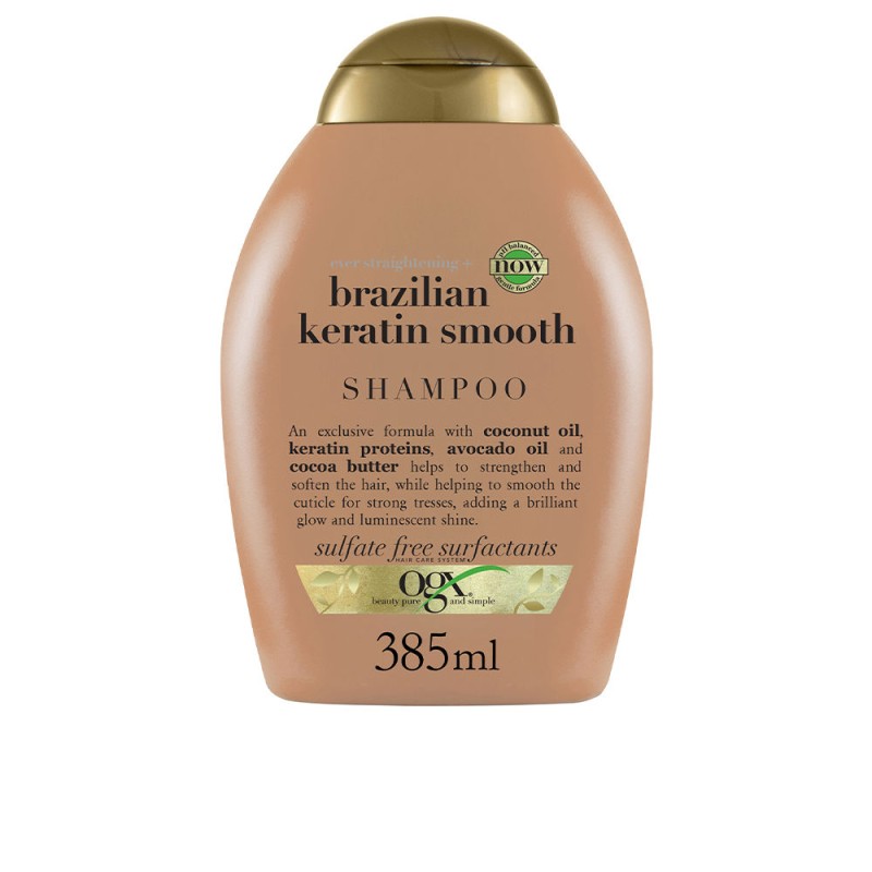 OGX Champú Queratina Brasileña Alisa y Nutre Cabellos Ondulados o Rizados Suavidad Brillo 385 ml